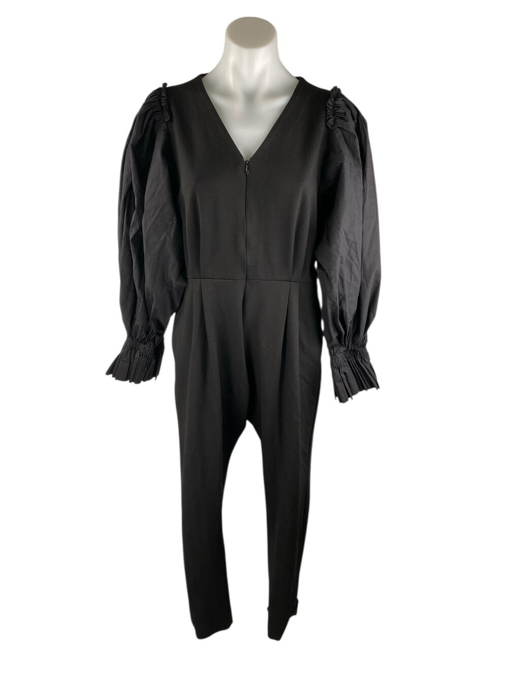 Deepika Arora Black V-Neck Long Puff Sleeve Zip Up Tapered Romper Jumpsuit Sz S
